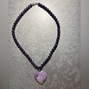 8mm Round Bead Strand & Heart Shape Amethyst Drop Sterling Silver Necklace